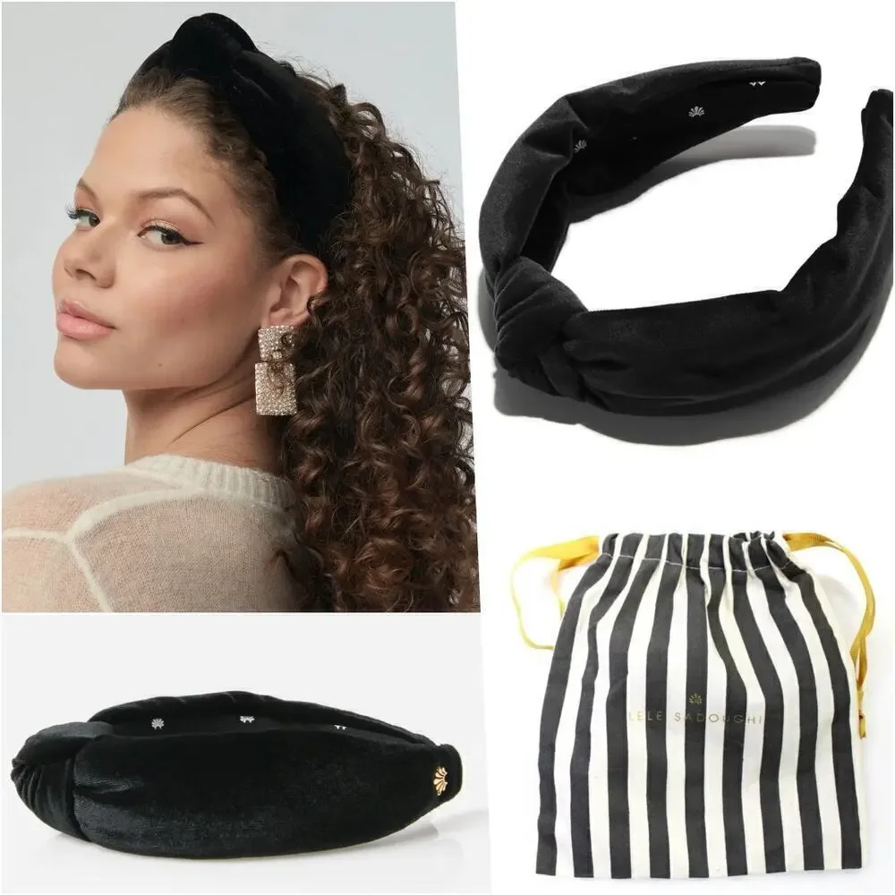 Lele Sadoughi Jet Black Velvet Knotted Headband Gold Logo NWT